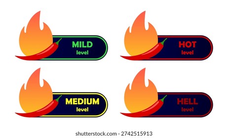 Vector set of four spice levels: Mild, Medium, Hot, and Hell. Each badge features a red chili pepper, a bright fire flame, and a color-coded border on a dark background. Perfect for restaurant menus, hot sauce labels, and snack food packaging.