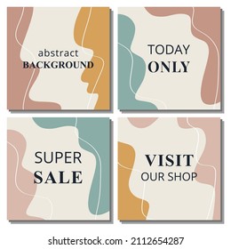 Vector set of four square abstract backgrounds. Modern trendy illustration. Flat style. Every element is isolated. Ready template for social media, blogging. Design of ad, marketing, poster.