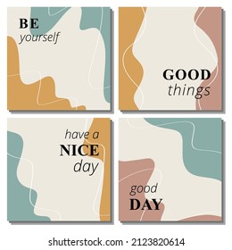 Vector set of four square abstract backgrounds. Ready design for social media, story, post. Reels template. Flat style illustration. Cover of poster, flyer, brochure, invitation.