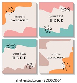 Vector set of four square abstract backgrounds. Ready design for social media, story, post. Reels template. Flat style illustration. Cover of business card, poster, flyer, brochure, invitation.