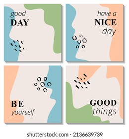 Vector set of four square abstract backgrounds. Ready design for social media, story, post. Reels template. Flat style illustration. Cover of business card, poster, flyer, brochure, invitation.