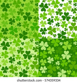 Vector set of four St. Patrick's day seamless backgrounds with green shamrock.