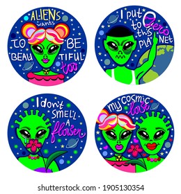 Vector set of four stickers about life and relationships of aliens with different storylines.
