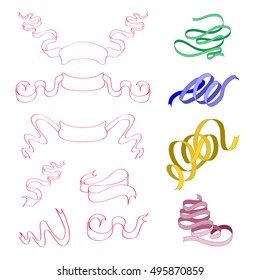 vector set of four strips of pink, blue , yellow and green colors and linear frame in the form of tapes. vector element. ribbon on white background. Vector illustration. narrow goods.