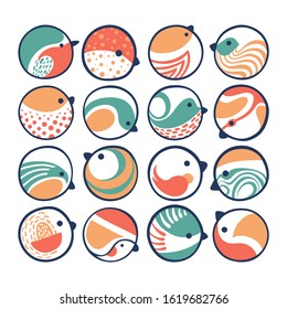 Vector set four stylized birds. Abstract round birds
