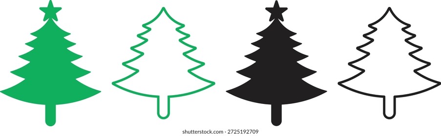 Vektorgrafik mit vier stilisierten Weihnachtsbaum-Symbolen in Vollformat und Umrissformaten, die in Grün und Schwarz angezeigt werden. Jeder Baum hat eine dreieckige Form, Stamm und Stern auf der Oberseite. Ideal für festliche UI-Kits, saisonale Designpakete, Urlaubsdekorationen und Markenauftritte im Winter.