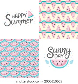 Vector set of four summer cards with fruits and phrases. Beautiful posters for kids room or bedroom. Hand drawn letters.