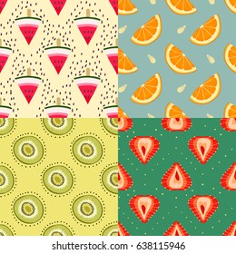 Vector set of four summer colorful seamless hand-drawn patterns of watermelon, kiwi, orange, strawberry and seeds.