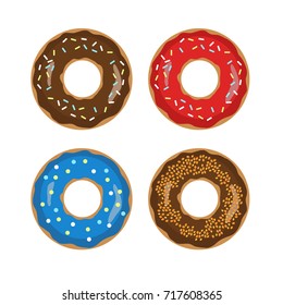 A vector set of four sweet donuts each one isolated on white background. Chocolate, strawberry and blue donuts with sprinkle. You can use just one of them if you want.