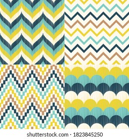 Vector set of four teal, aqua and yellow chevron seamless patterns. Repeated braid & scallop backgrounds
