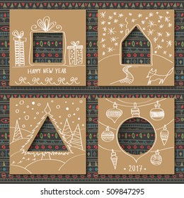 Vector set of four templates for paper Christmas cards. Cardboard squares with holes in the form of figures and manual white  festive drawing in foreground. Seamless dark ethnic pattern on background.