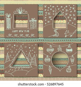 Vector set of four templates for paper Christmas cards. Cardboard squares with holes in the form of figures and manual white  festive drawing in foreground. Seamless decorative pattern on background.