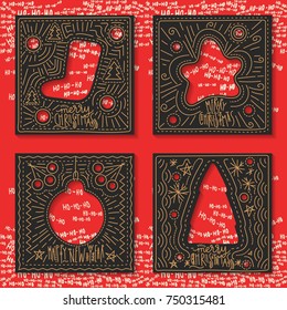 Vector set of four templates for paper Christmas cards. Black squares with holes and hand-drawn festive drawing in foreground. Red pattern with "Ho-ho-ho" words on background.