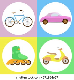 Vector set of four transport icons: bicycle, car, scooter, roller skates