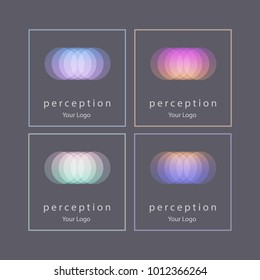 Vector set of four trendy transparent icons and frame logos on a grey background for beauty salon, spa massage studio, cosmetics, fashion. Sign, label, identity, emblems, template for business brand.