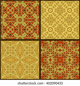 Vector set of four tribal minimalistic geometric seamless patterns.