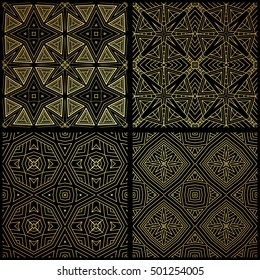 Vector set of four tribal minimalistic geometric golden seamless patterns on black background