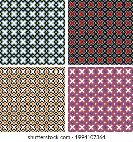 vector set of four variegated geometric patterns. overlapping diamonds, cruciform shapes are arranged in a specific order.
