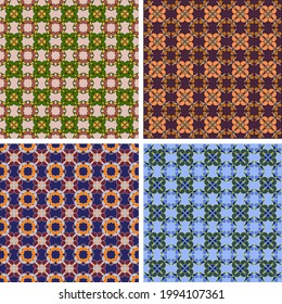 vector set of four variegated seamless patterns. rounded shapes, segments, and outlined polygons are arranged in a specific order. 