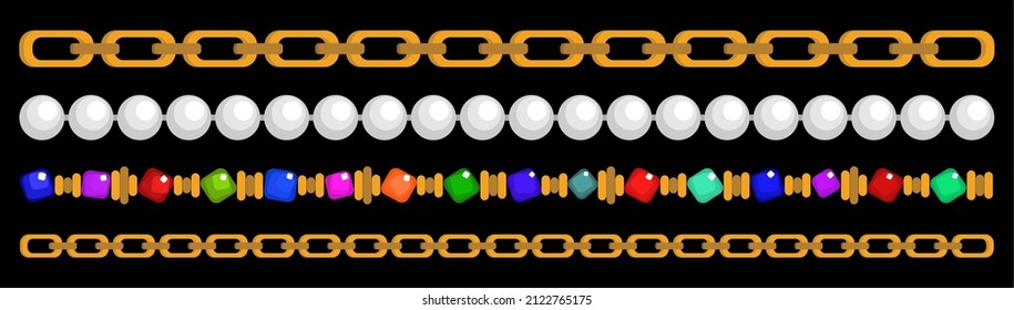 Vector set of four various chains and beads isolated on black background.