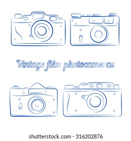 Vector set of four vintage blue ink film photocameras. Element for design, logo, studio, template and other. Live line draw style