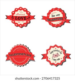 Vector Set of Four Vintage Valentine's Day Badges with Ribbons, Heart Details, and Romantic Greetings
