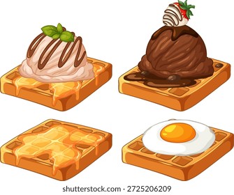 Vector de cuatro waffles con miel, helado, chocolate, fresa y huevo frito