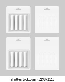 Vector Set of Four White Silver Gray Glossy Alkaline AA Batteries in White Blister Packed for branding Close up Isolated on Background