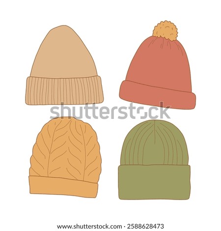 Vector set of four winter hats in minimalistic line art style. Different knitted beanie designs with ribbed, cable, and pom-pom details. Perfect for coloring books, prints, fashion sketches