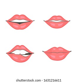 Vector set of four women different beautiful lips. Isolated object on white background. Color image.