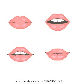 Vector set of four women different beautiful lips. Isolated object on white background. Color image.