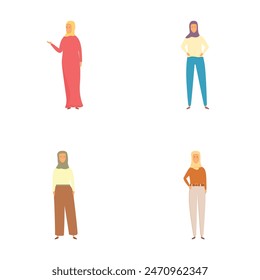 Conjunto de Vector de cuatro mujeres en diferentes trajes modernos, casuales y tradicionales
