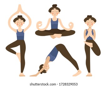 Vector set of four yoga poses. Illustrations of woman doing asanas