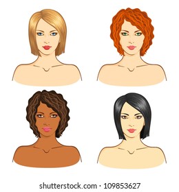 Vector set of four young European, Asian, African women with a straight hair. Fashionable hairstyle and hair-dyeing.