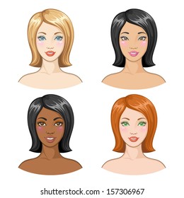 Vector set of four young European, Asian, African women with a straight hair. Fashionable hairstyle and hair-dyeing.