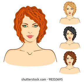 Vector set of four young women with wavy hair. Fashionable hairstyle and hair-dyeing