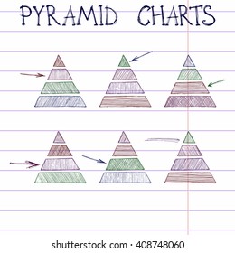 Vector set of four-layered pyramids. Hand drawn diagrams that were shaded by different texture. Collection includes arrows and underlines. Set for infographics.
