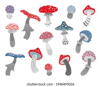 Vector set of fourteen stylized fly agarics