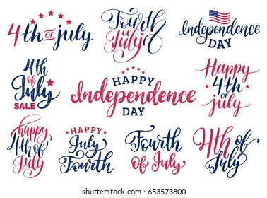 Vector Set Fourth Of July Hand Lettering Inscriptions For Greeting Cards, Banners Etc. Happy Independence Day Of United States Of America Calligraphic Collection. Holiday Background.