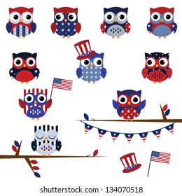 Vector Set of Fourth of July Patriotic Owls