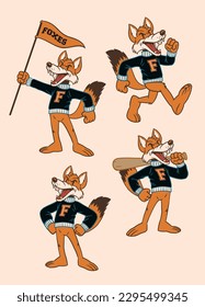 vector Set of Fox Sport Mascot in Vintage Retro Hand Drawn Style