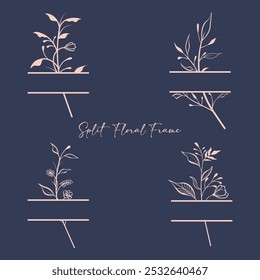 Vector set of frame with floral and leaves. Hand drawn split floral frame