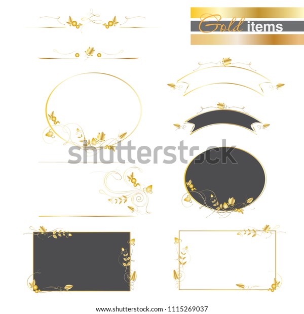Vector set: frames and borders with elegant\
gold elements on a white\
background