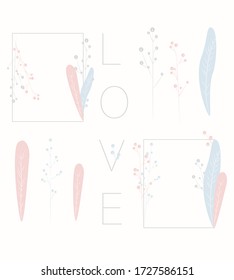 Vector set of frames with branches and feathers in pastel colors.