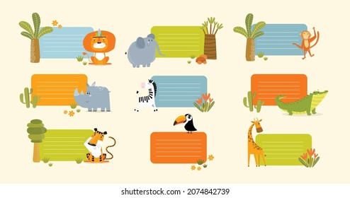 Vector set of frames with cartoon animals. African animals. Wild animals. Frames with place for text. Notebooks, blank, label, stickers