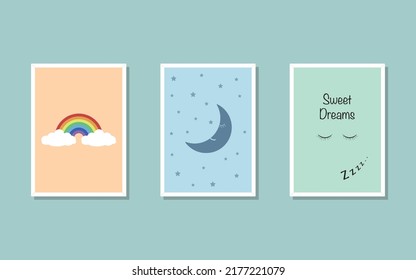 Vector set of frames for children's room - design of rainbows, clouds, moon, stars and sweet dreams.