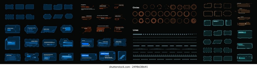 Vector set frames, complex elements, signs and symbols for personal graphical interface HUD. Collections HUD elements. Futuristic set GUIUI frame, windows with information. Modern set graphic elements