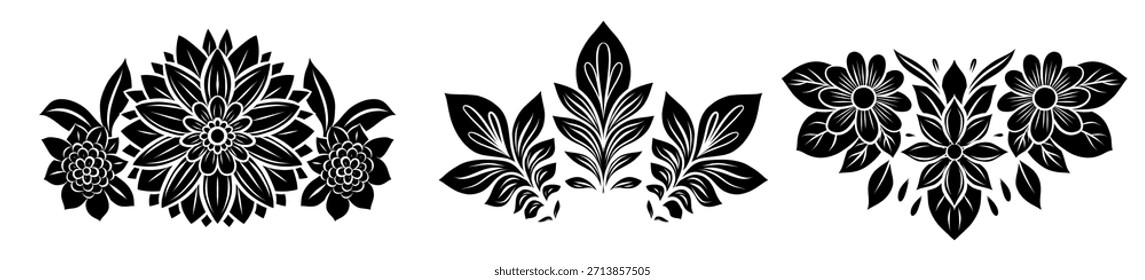 Vector conjunto de marcos de arreglo floral decorativo. Colección de separadores de siluetas negras de flores, hojas y margaritas para postales y pegatinas.