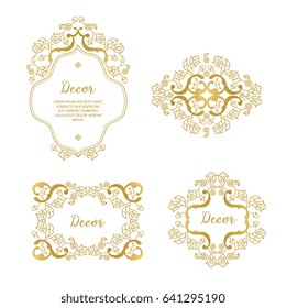 Vector set frames  for design template.  Golden floral borders. Ornate decor 
 for save the date, birthday, greeting card, wedding invitation, leaflet, poster, certificate, thank you message.
