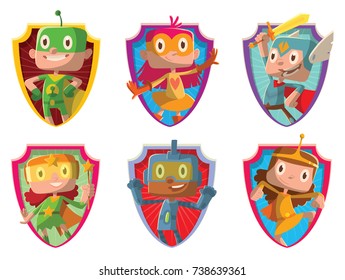 Vector set of frames in the form of shields with cartoon images of funny little boys and girls in various colors superhero costumes with different actions and emotions on a white background.